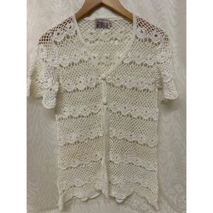 SK Imports Ivory Crochet Knit Boho Hippie Top Short Sleeve V Neck Button Front L